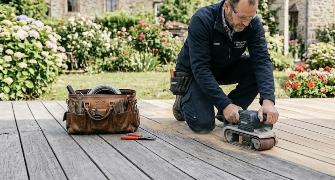 Poncer une terrasse en bois : préparation, grain et méthode étape par étape